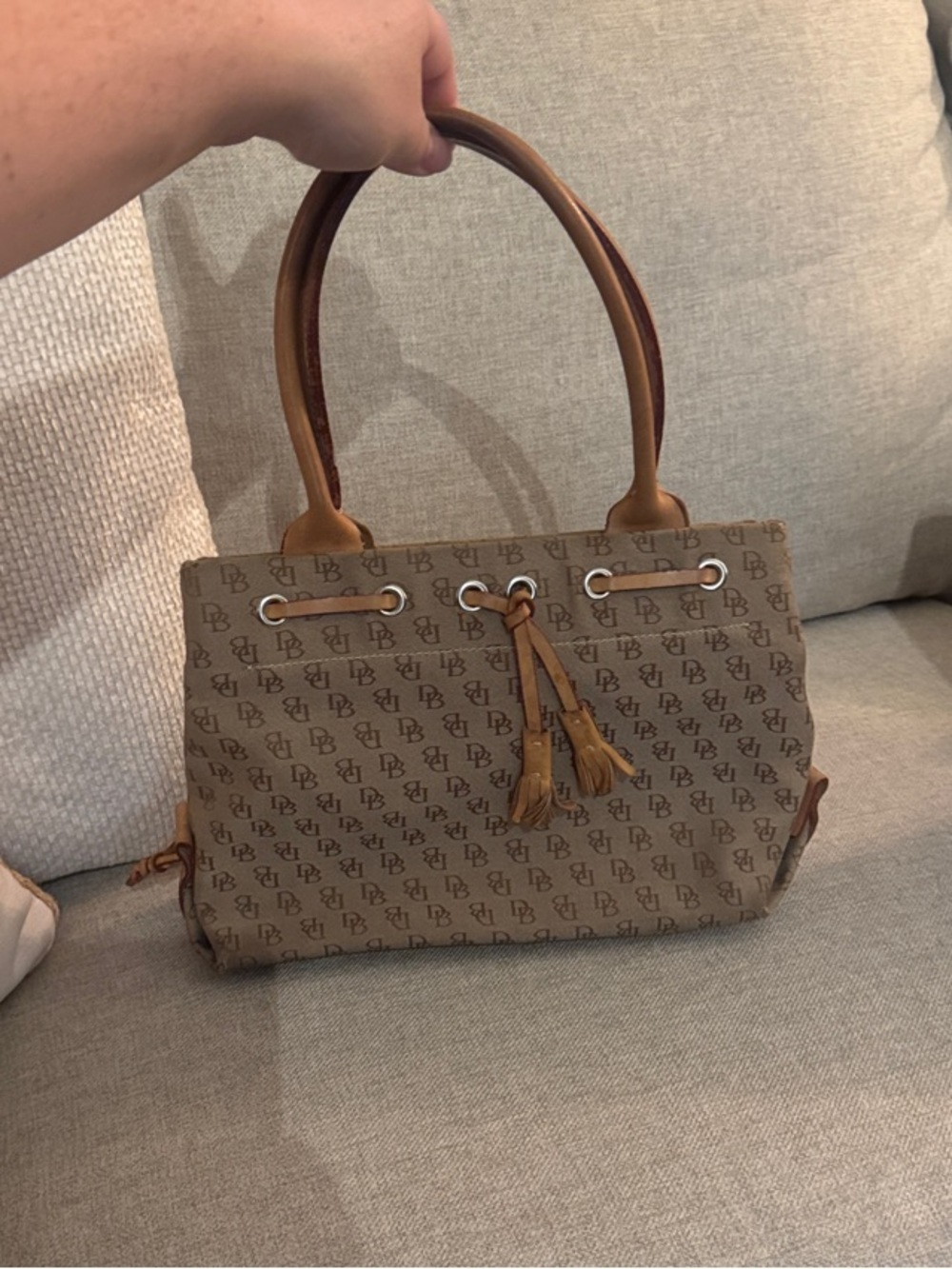 Vintage Y2K Dooney & Bourke Signature DB Monogram Tassel Tote Satchel L048 mint